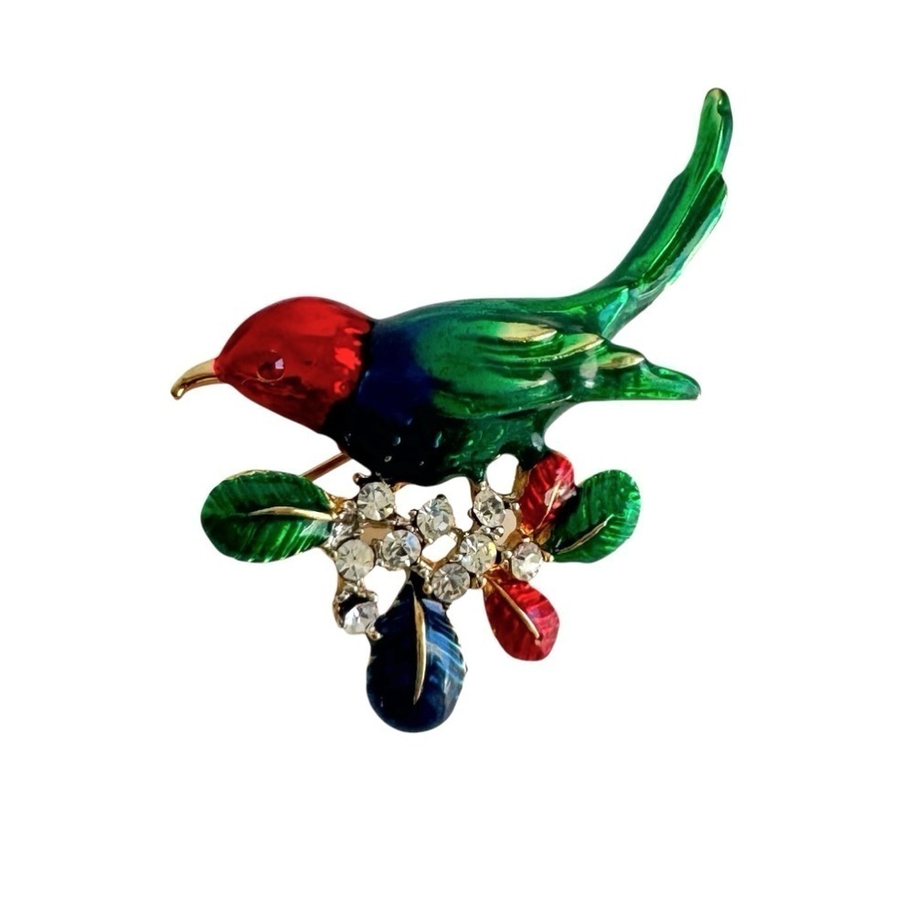 Vintage Enamel Rhinestone Bird Brooch Red Blue Green Festive Holiday Christmas‎